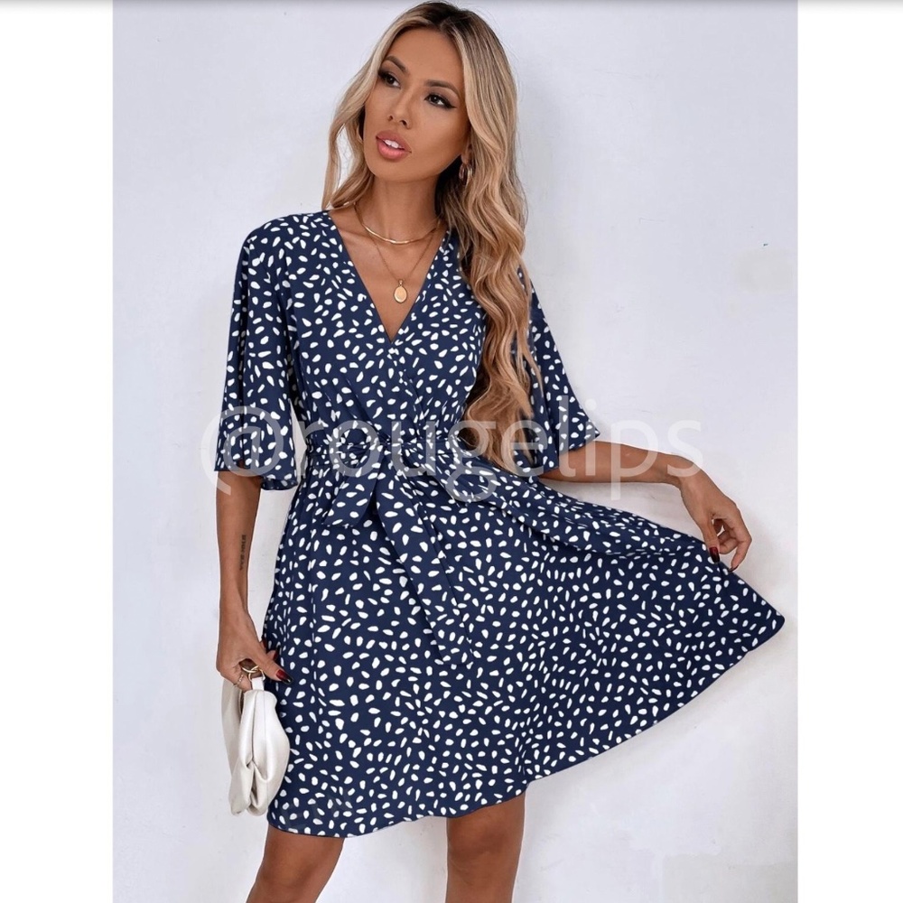 Navy Blue All Over Print Dress White Dalmatian, Spotted Faux Wrap, Tie Belt - Picture 6 of 8